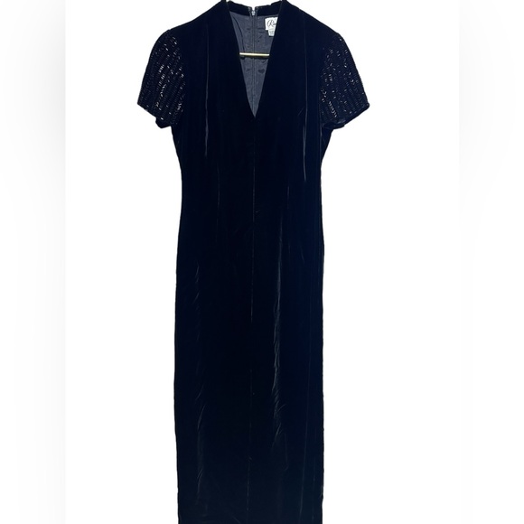 Stunning Velvet Sequin Short Sleeve Full Length Dress W/Sexy High Slit Vintage 8 - Picture 1 of 14